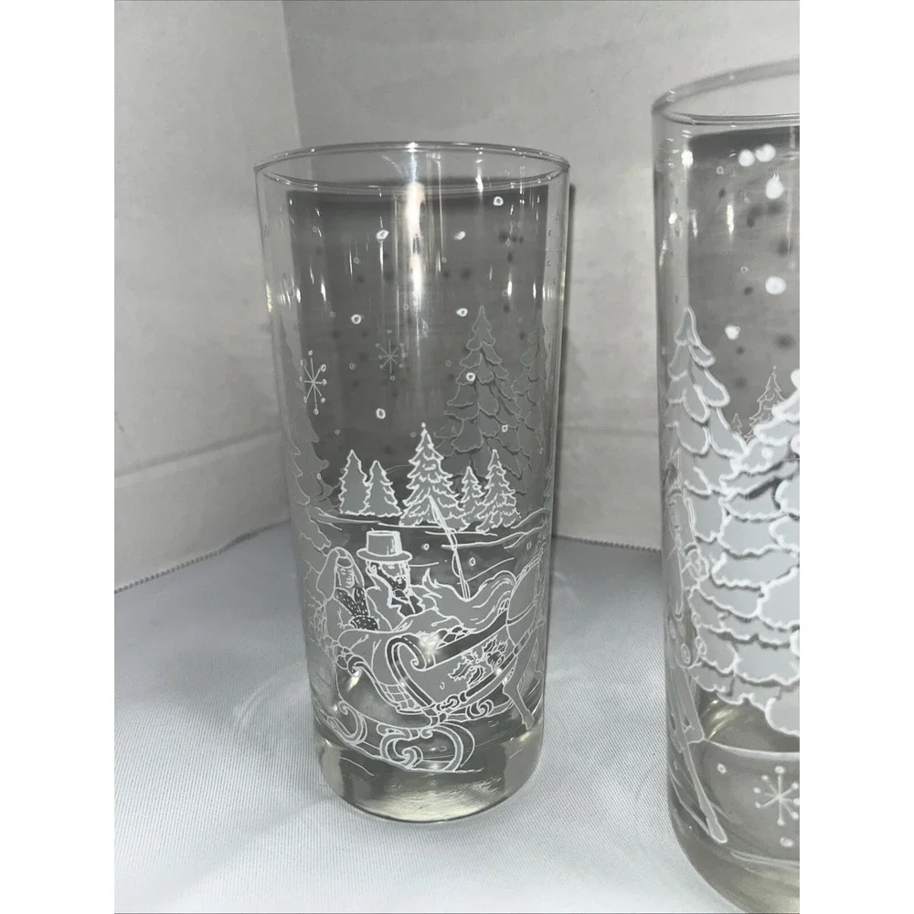 3 Libbey Glass Highball Tumbler Winter Wonder Land Scene Snow Frosted Trees Pine - Picture 3 of 5